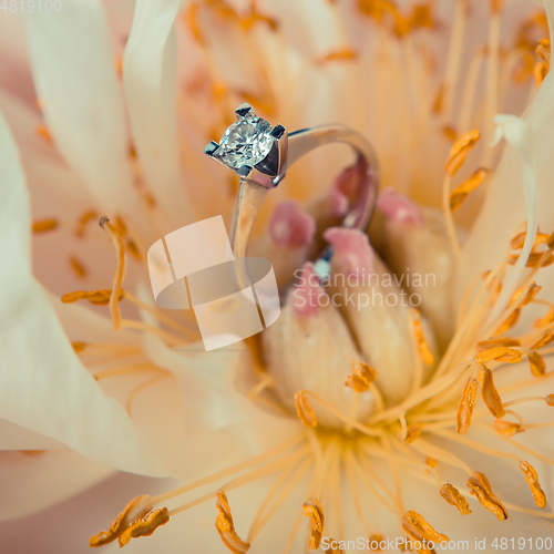 Image of wedding rings lie on a beautiful bouquet as bridal accessories