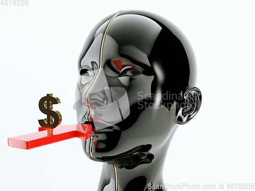 Image of Consumption or consumerism arrow and dollar sign near the mouth