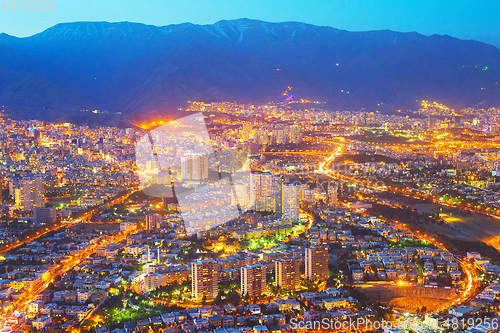 Image of Aerial skyline Tehran twilight. Iran