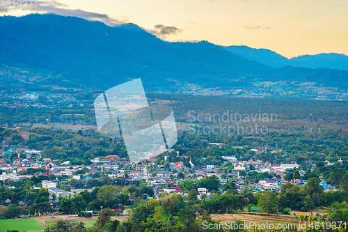 Image of Asian mountain village at sunset