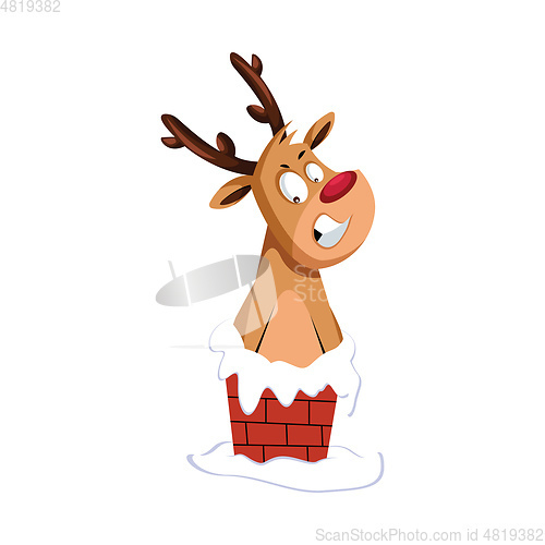 Image of Christmas deer stuck in the chimney vector illustration on a whi