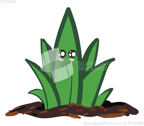 Image of Cute smiling green plant in soil vector illustration on white ba