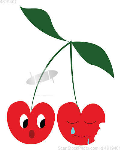 Image of Two cherry fruits emoji hang from a branch one is astonished to 