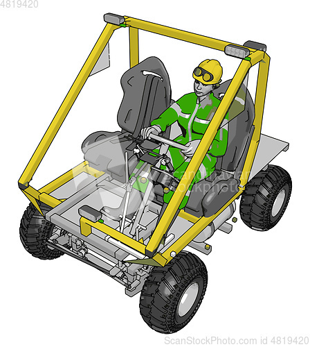Image of 3D vector illustration of a worker driving yellow industrial tra
