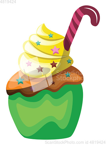 Image of Green velvet cupcake with candy cane as a decorationillustration