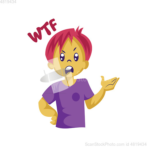 Image of Angry boy with pink hair saying WTF vector sticker illustration 