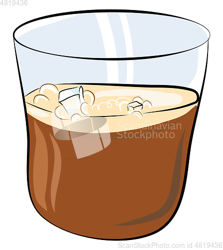 Image of A glass partially filled with whiskey and few ice cubes vector c