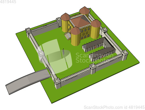 Image of Medieval castle with fortified wall and towersand bridge vector 