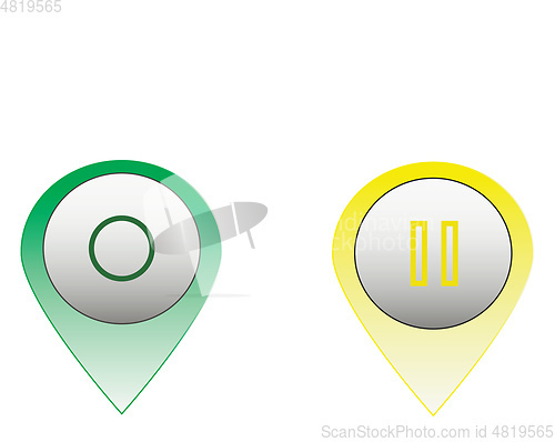 Image of Two push buttons with sign of on/ off and pause vector color dra