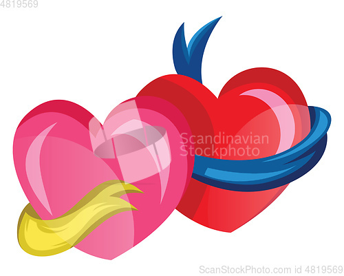 Image of A pink heart with a yellow ribbon and a red star with a blue rib