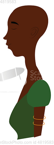 Image of A bald African woman wearing a green dress wearing golden bangle