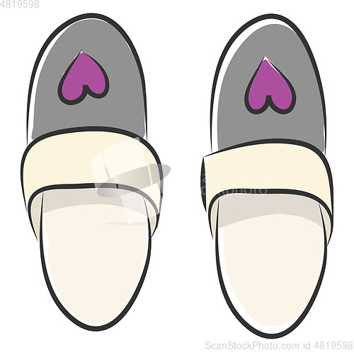 Image of Pair of grey slippers with a purple heart vector illustration on