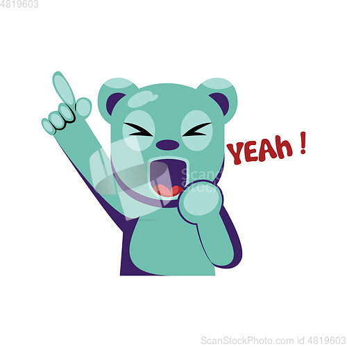 Image of Joyful blue bear holding hand up saying Yeah vector illustration