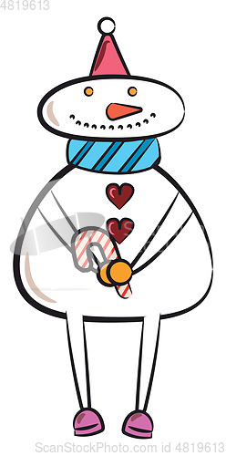 Image of Snowman with candy stick vector or color illustration