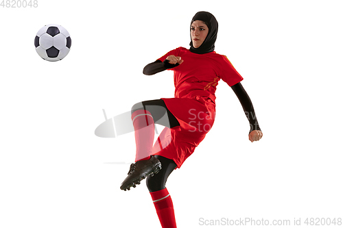 Image of Arabian female soccer or football player isolated on white studio background