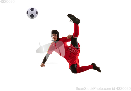 Image of Arabian female soccer or football player isolated on white studio background