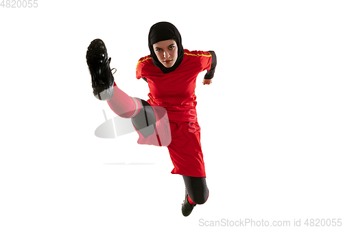 Image of Arabian female soccer or football player isolated on white studio background