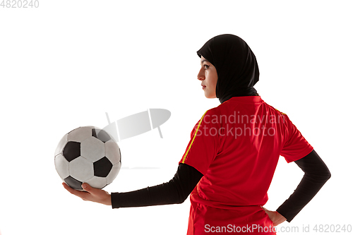 Image of Arabian female soccer or football player isolated on white studio background