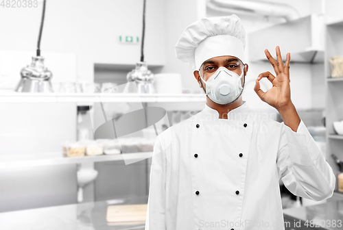 Image of chef in respirator showing ok sign at kitchen