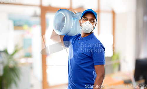 Image of delivery man with water barrel in respirator