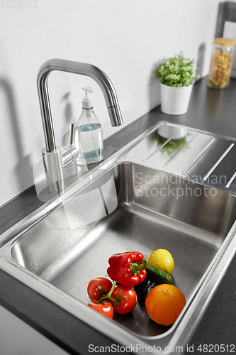 Image of fruits and vegetables in kitchen sink