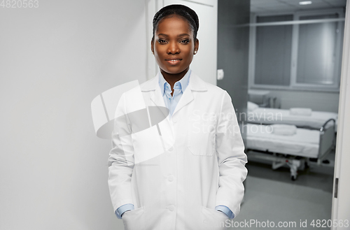 Image of happy african american female doctor at hospital