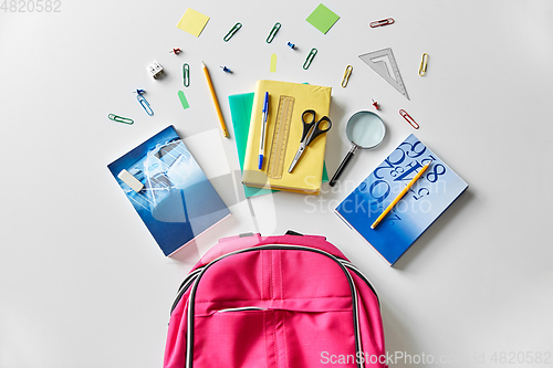 Image of pink backpack with books and school supplies