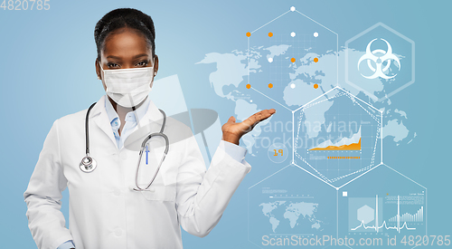 Image of doctor in medical mask over world pandemia map