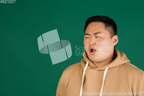 Image of Asian man\'s portrait isolated over green studio background with copyspace