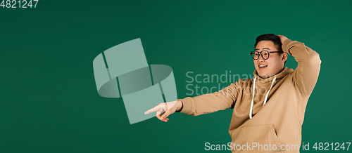 Image of Asian man\'s portrait isolated over green studio background with copyspace