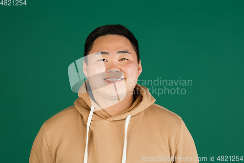 Image of Asian man\'s portrait isolated over green studio background with copyspace