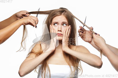 Image of beautiful girl getting haircut