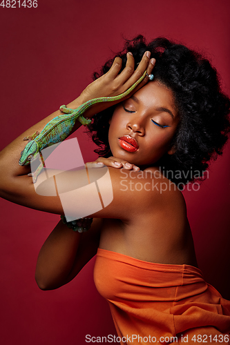 Image of beautiful woman holding chameleon