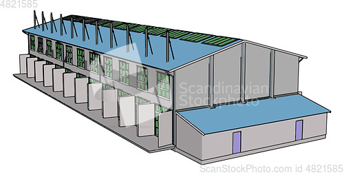 Image of Large blue and grey modern metal barn with open shuts vector ill