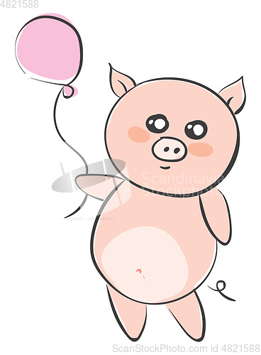 Image of Drawing of a cartoon pig holding a pink balloon vector or color 