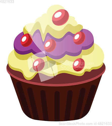 Image of Chocolate cupcake with yellow and purple icingsillustration vect