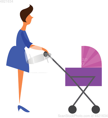Image of A mommy pushing baby cart is dressed in a beautiful blue gown ve