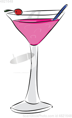 Image of Pink cocktail with a red cherry and blue stearing spoon vector i