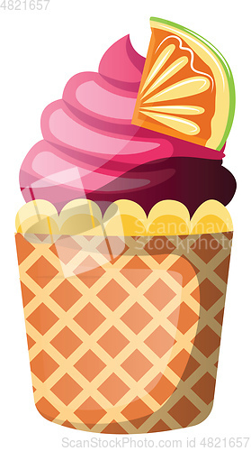 Image of Purple and yellow cupcake with fruit decorationillustration vect