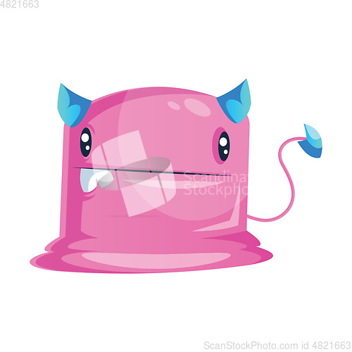 Image of Pink cartoon monster with blue horns and tail vector illustratio