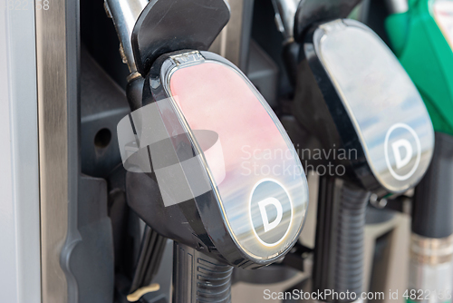 Image of Fuel pumps on a petrol station in Europe.