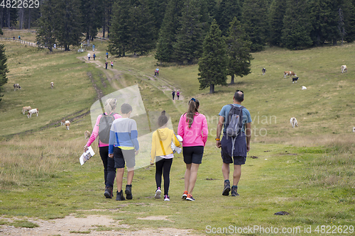 Image of Family with children hiking outdoors in summer nature