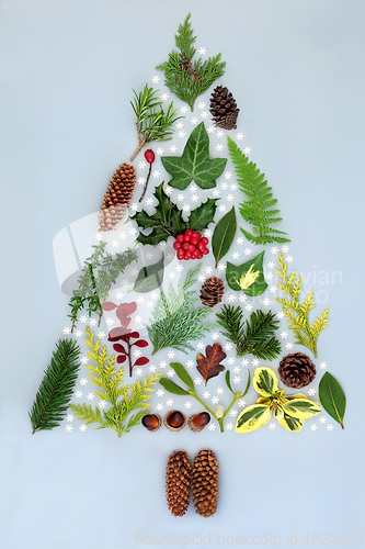 Image of Christmas Tree Shape with Winter Greenery and Snowflakes