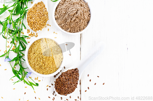 Image of Bran and flour flaxseed in bowls on light board top