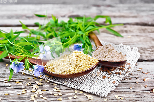 Image of Bran and flour flaxseed in two spoons on old board