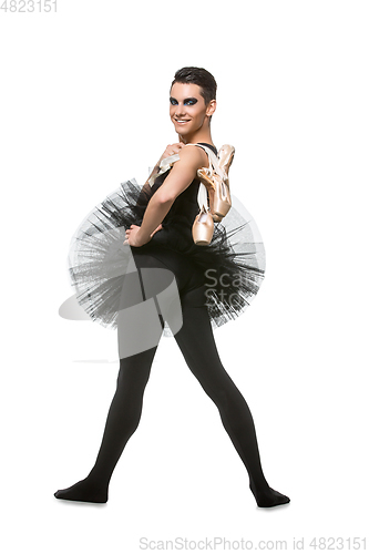 Image of handsome ballet artist in tutu skirt