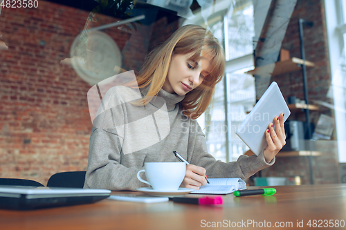 Image of Beautiful caucasian business lady working in office with laptop
