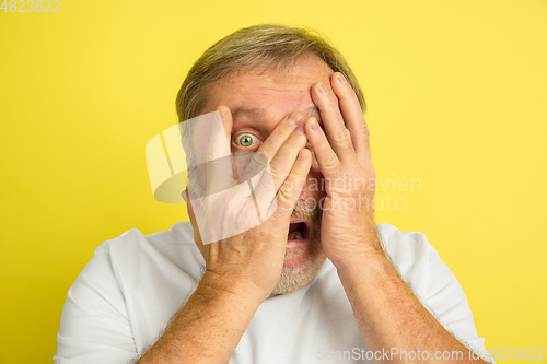 Image of Caucasian senior man\'s portrait isolated on yellow studio background