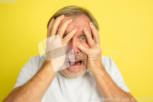 Image of Caucasian senior man\'s portrait isolated on yellow studio background