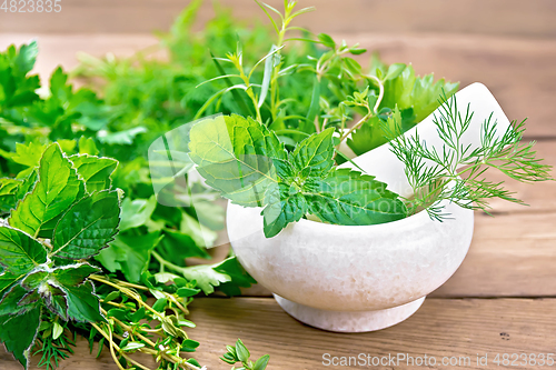 Image of Herbs spicy in stone mortar on wooden board